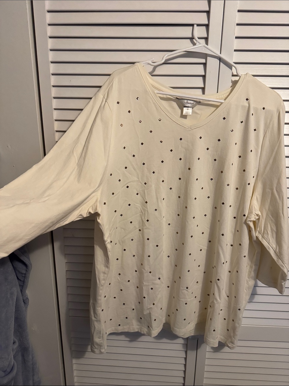 CJ Banks Cream Long-Sleeve V-Neck Top with Black Dot Print